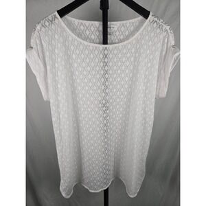 Liz Claiborne White Geometric Sheer Burnout Top Sz L Casual Career Minimalist